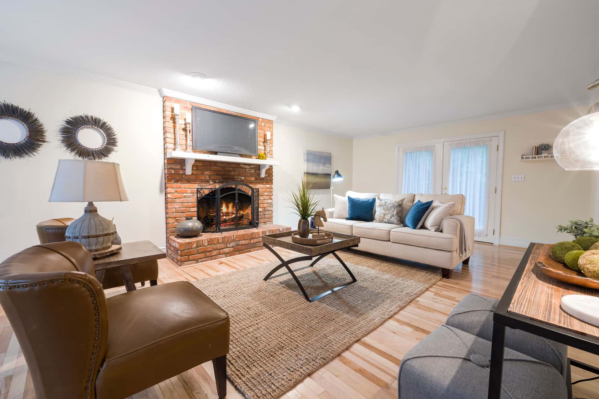 Living room with a fireplace and seating